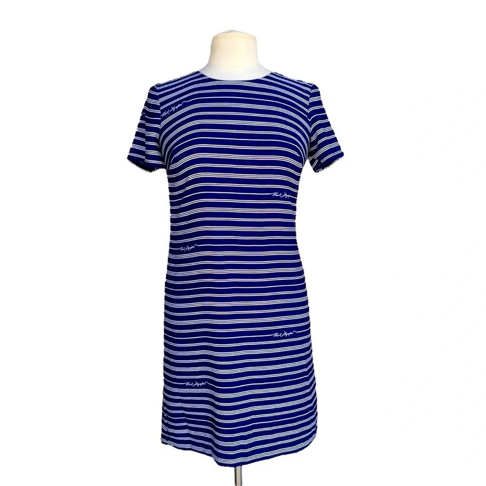 KARL LAGERFELD Women’s Size 2 Navy White Striped Logo Prints Dress